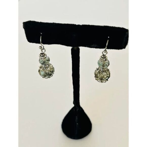 Vintage 90s Green Tint Baubles With Rhinestones Lantern Earrings - Picture 3 of 3